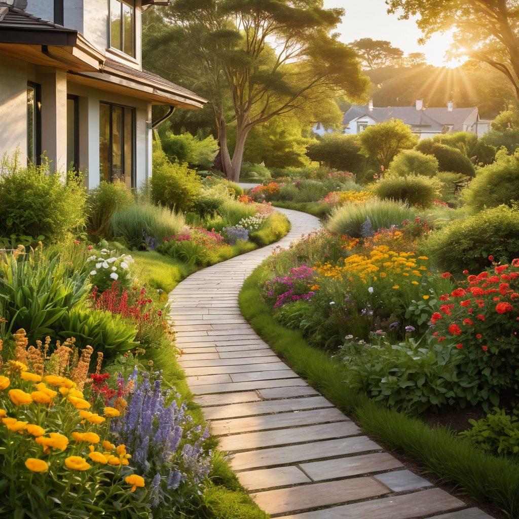 A serene pathway winding through lush green landscapes, leading towards modern homes bathed in golden sunlight. Along the pathway, joyful people of diverse backgrounds interact, showcasing a sense of community and fulfillment. The scene encapsulates elements of real estate exploration with vibrant flowers blooming around, symbolizing joy and growth. super-realistic. vibrant colors. airy atmosphere.