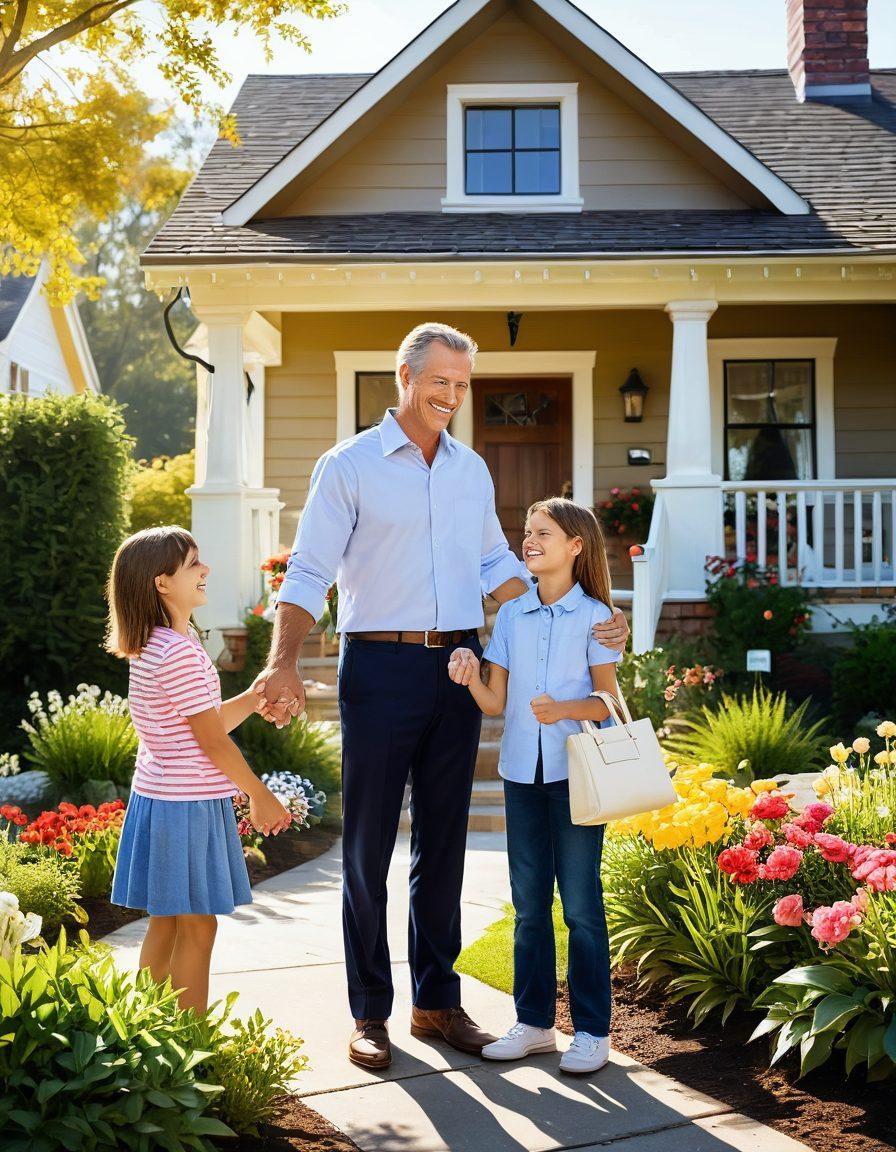 A vibrant scene depicting a cheerful real estate agent shaking hands with a happy family in front of a charming home. Bright sun rays highlighting their smiles, colorful flowers in the garden, and ‘Sold’ sign prominently displayed. The atmosphere is joyful and welcoming, showcasing the excitement of buying a new home. super-realistic. vibrant colors. sunny background.