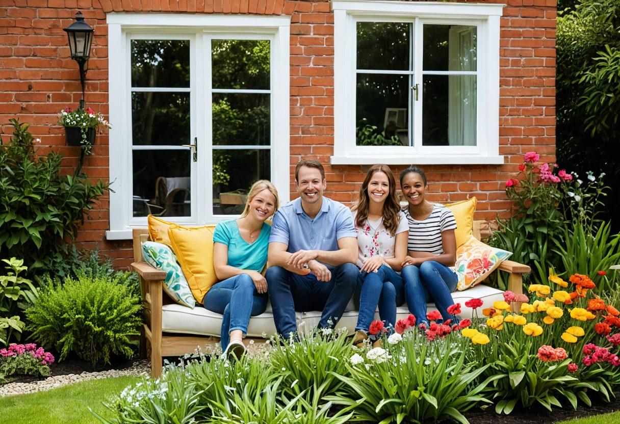 A cheerful family joyfully exploring a beautiful, sunlit open house filled with bright decorations and welcoming touches. The scene displays a vibrant garden outside the window, symbolizing potential and happiness in buying a home. A subtle 'For Sale' sign can be seen with rays of sunshine illuminating it, emphasizing positivity in realty decisions. Colors are warm and inviting to evoke feelings of happiness and home. bright colors. super-realistic.